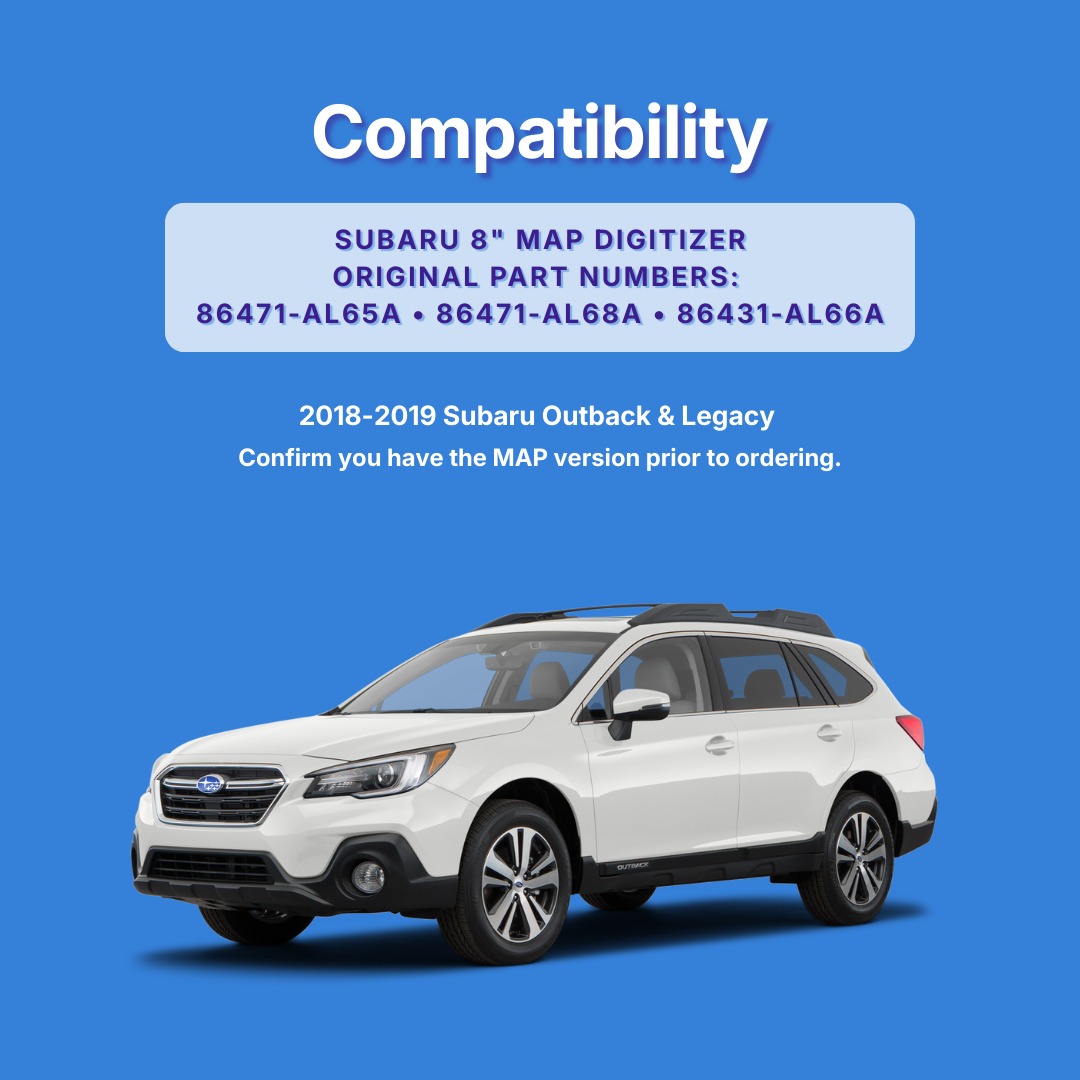 White Subaru Outback on a blue background with compatibility information.