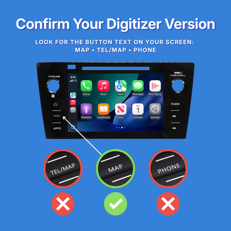 Digital display with app icons on a blue background, indicating how to confirm digitizer version.