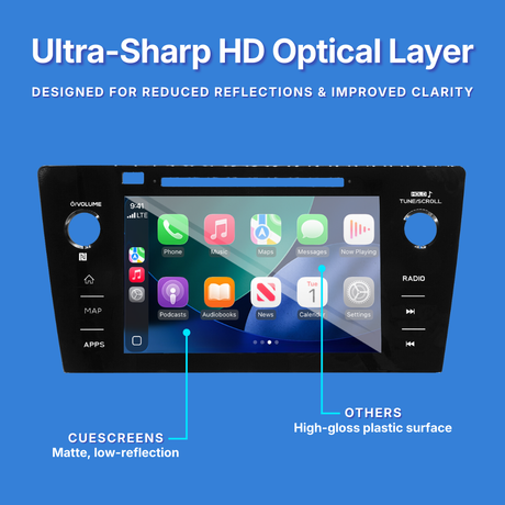 Car multimedia system with Ultra-Sharp HD Optical Layer on a blue background.