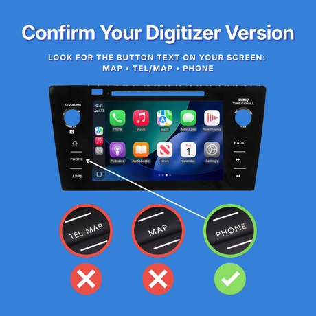 Digital display with app icons on a blue background, indicating how to confirm digitizer version.