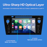 Car multimedia system with Ultra-Sharp HD Optical Layer on a blue background.
