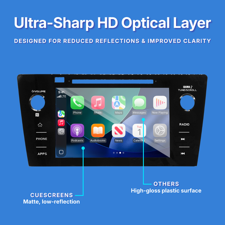 Car multimedia system with Ultra-Sharp HD Optical Layer on a blue background.