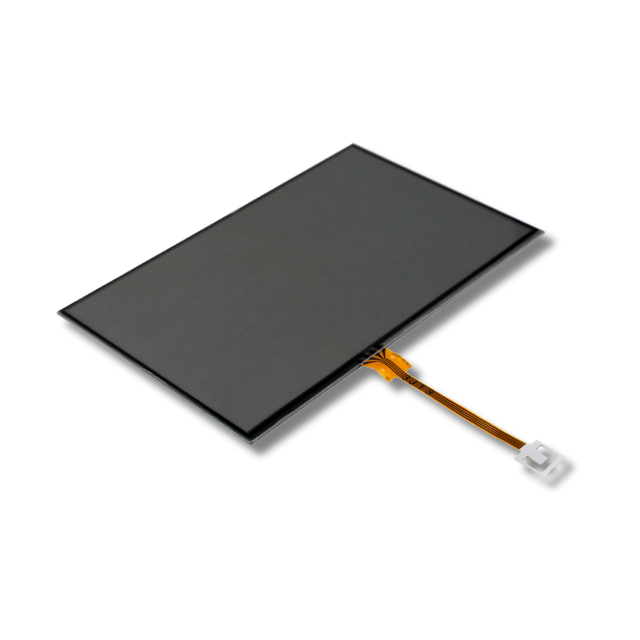 Black electronic touchscreen with buttons and a ribbon cable on a white background