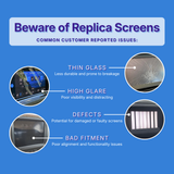 Warning about replica screens with issues listed on a blue background.