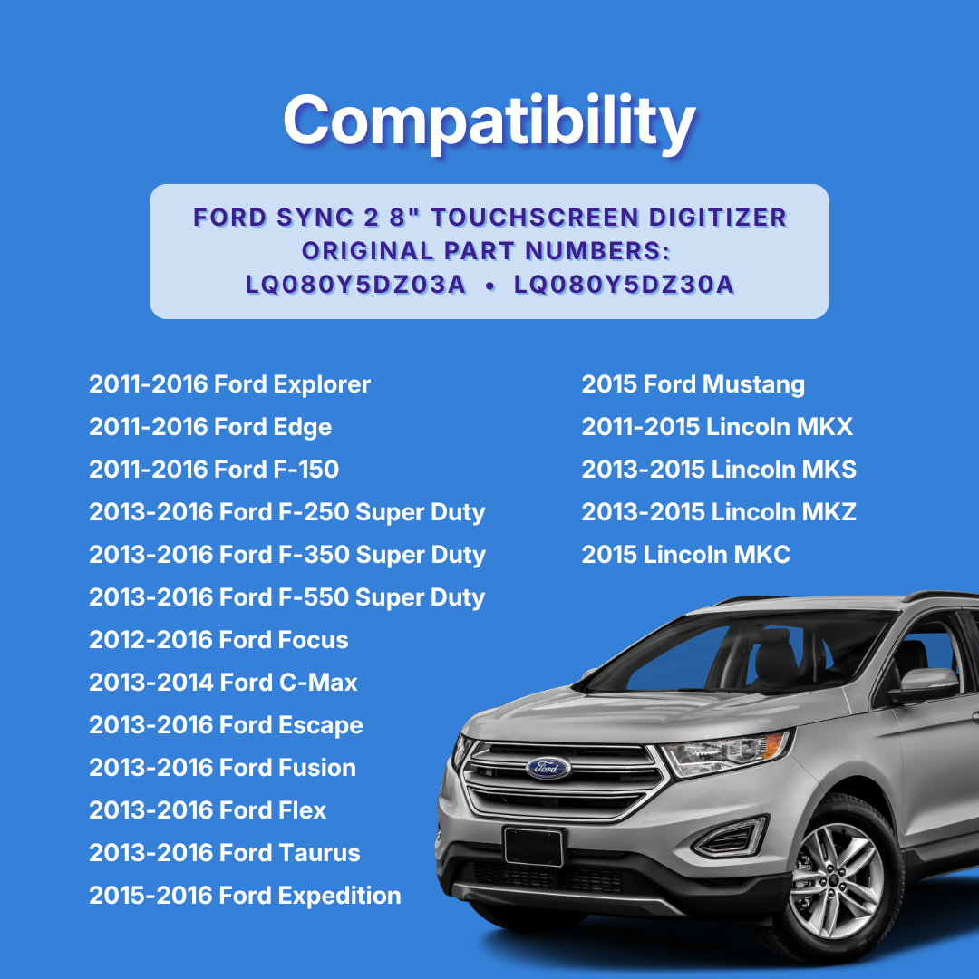 Compatibility chart for Ford SYNC 2 8-inch touchscreen Digitizer with a list of compatible models on a blue background.