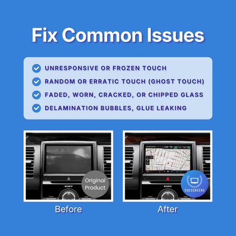 Before and after comparison of a car's infotainment screen with text about common issues on a blue background.