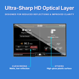 Display of a car infotainment system with ultra-sharp HD optical layer on a blue background.