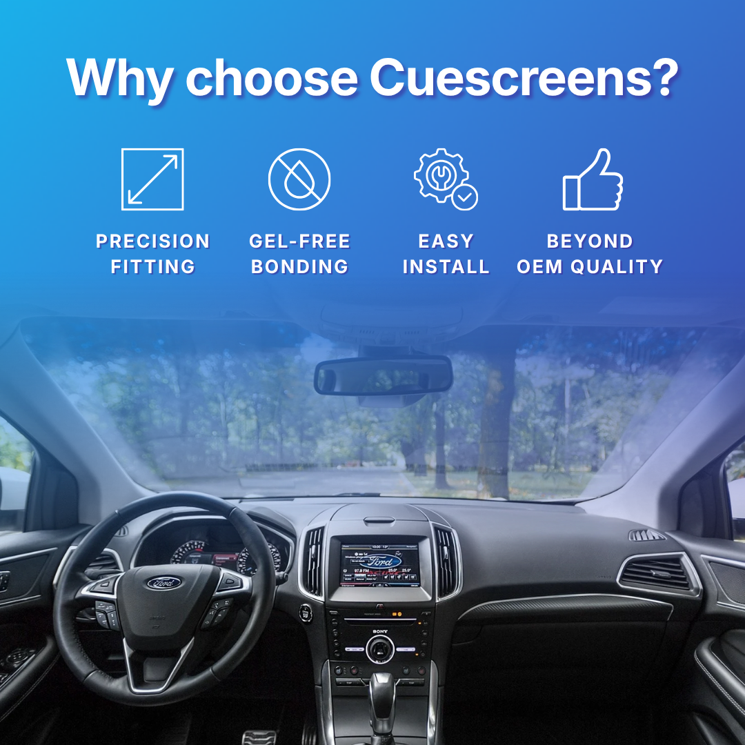 Car interior with dashboard and steering wheel, featuring text 'Why choose Cuescreens?' and icons with benefits.