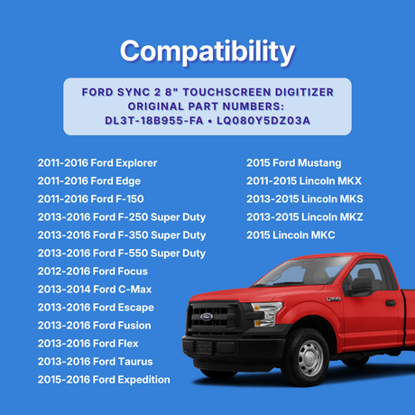 Compatibility chart for Ford SYNC 2 8-inch touchscreen Digitizer with a red Ford truck on a blue background