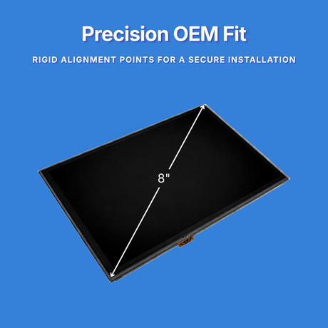8-inch screen assembly on a blue background with text about complete bonded assembly