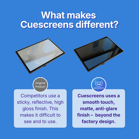 Comparison of original product and Cuescreens on a blue background with text explaining the difference