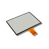A replacement touch screen panel with a black bezel and an orange flex cable connector, shown on a plain white background