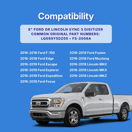 Compatibility chart graphic with a blue background listing Ford and Lincoln models that use an 8-inch Ford Sync 3 digitizer part number LQ08OY5DZ05 - FS-2006A, with a silver Ford F-150 shown at the bottom