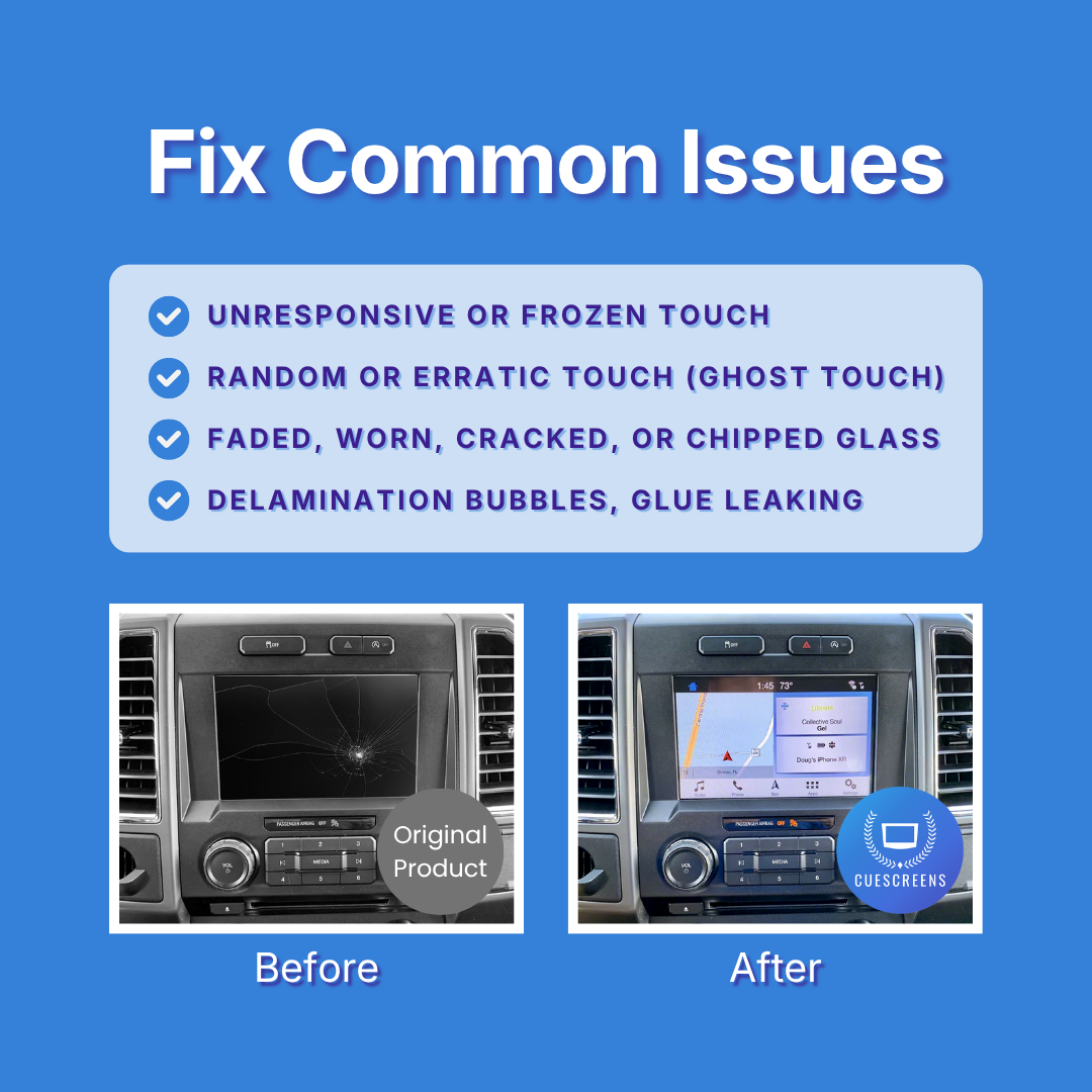 Graphic on a blue background titled 'Fix Common Issues' with a checklist of touchscreen problems like unresponsive touch, ghost touch, cracked glass, and delamination bubbles. Below, two inset car dashboard screenshots show a before/after comparison: a cracked screen labeled 'Original Product' on the left and a clear, working touchscreen on the right