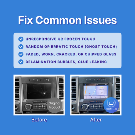 Graphic on a blue background titled 'Fix Common Issues' with a checklist of touchscreen problems like unresponsive touch, ghost touch, cracked glass, and delamination bubbles. Below, two inset car dashboard screenshots show a before/after comparison: a cracked screen labeled 'Original Product' on the left and a clear, working touchscreen on the right