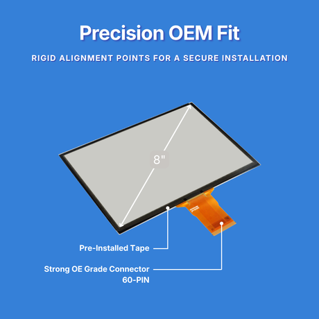 An 8-inch touch screen panel with a pre-installed tape and a 60-pin orange connector, shown on a blue background with text highlighting precision OEM fit and alignment features
