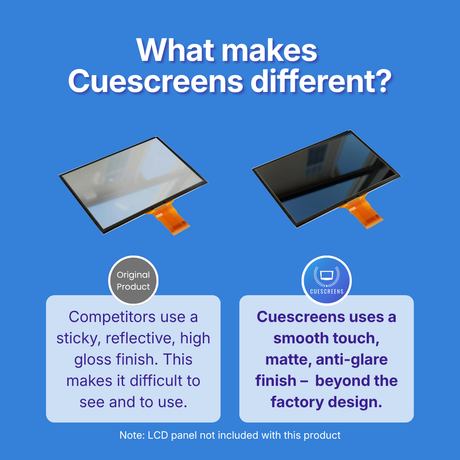 Comparison of original product and Cuescreens on a blue background with text explaining that Cuescreens uses a smooth matte, anti-glare finish while competitors use a sticky reflective high-gloss finish