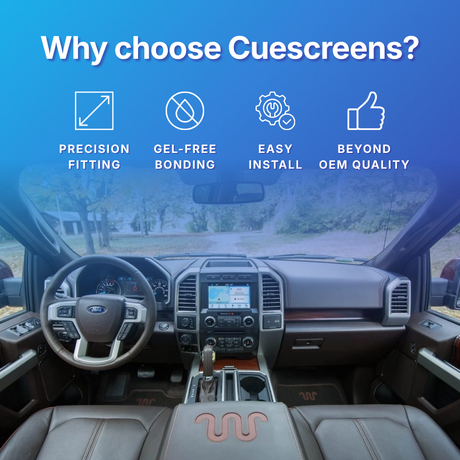 Car interior with Cuescreens branding highlighting features like precision fitting, gel-free bonding, easy install, and beyond OEM quality