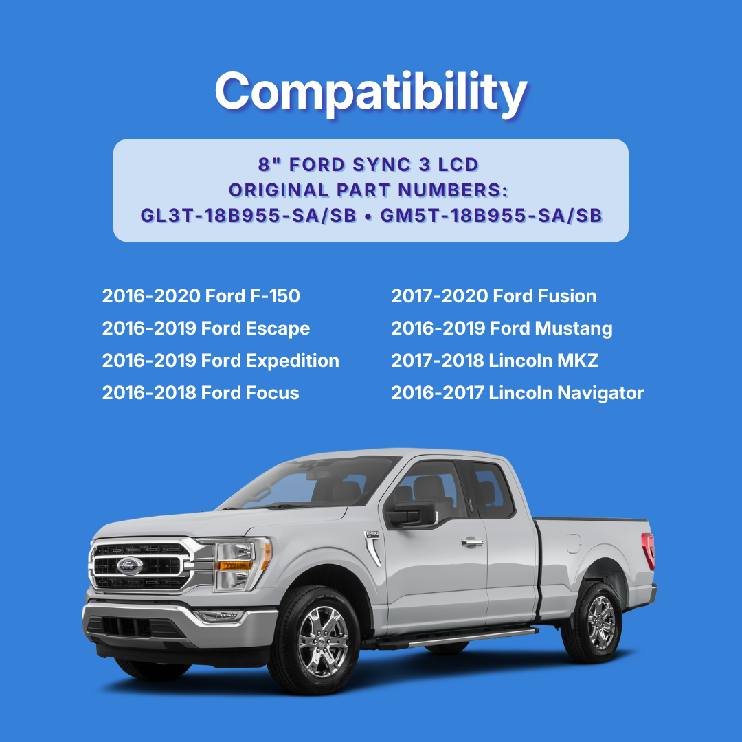 White Ford truck on a blue background with compatibility information for Ford SYNC 3 LCD