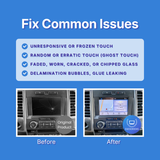 Before and after comparison of a car's infotainment screen with text about fixing common issues on a blue background