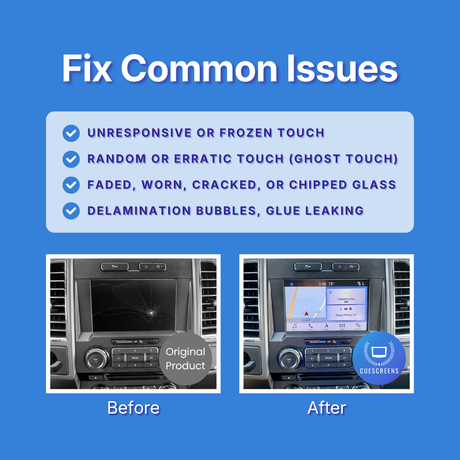 Before and after comparison of a car's infotainment screen with text about fixing common issues on a blue background