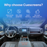 Car interior with dashboard display and 'Why choose Cuescreens?' text with icons highlighting features like precision fitting, gel-free bonding, easy install, and beyond OEM quality