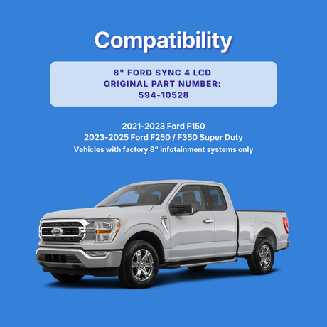 White Ford truck on a blue background with compatibility information for 8-inch SYNC 4 LCD display