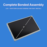 8-inch LCD digitizer glass screen assembly on a blue background with text about complete bonded assembly