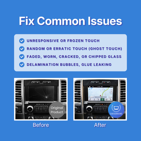 Before and after comparison of a car's infotainment screen with text about fixing common issues on a blue background