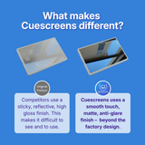 Comparison of original product and Cuescreens on a blue background with text explaining the differences