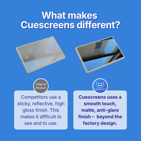 Comparison of original product and Cuescreens on a blue background with text explaining the differences