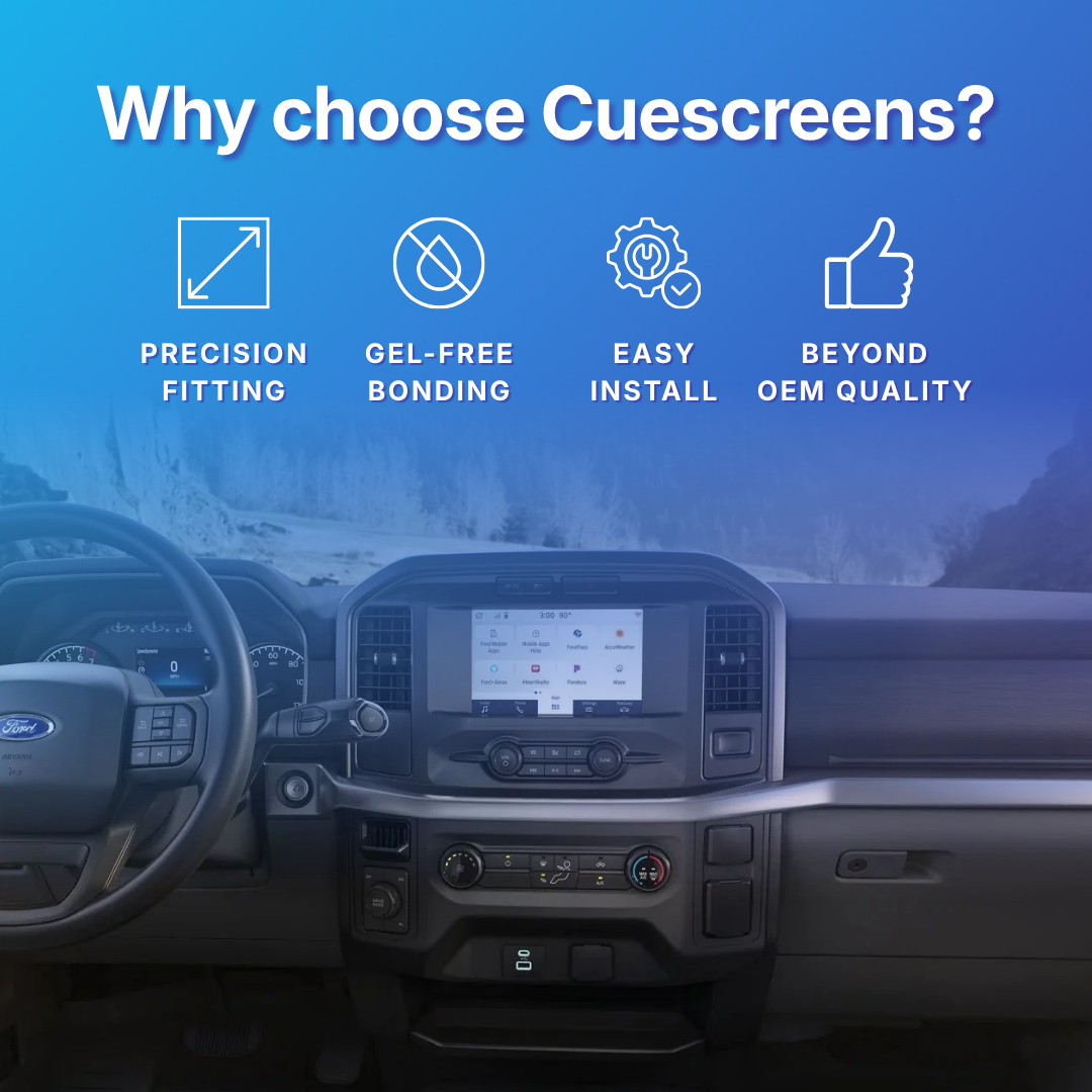 Car interior with Cuescreens branding highlighting features like precision fitting, gel-free bonding, easy install, and beyond OEM quality