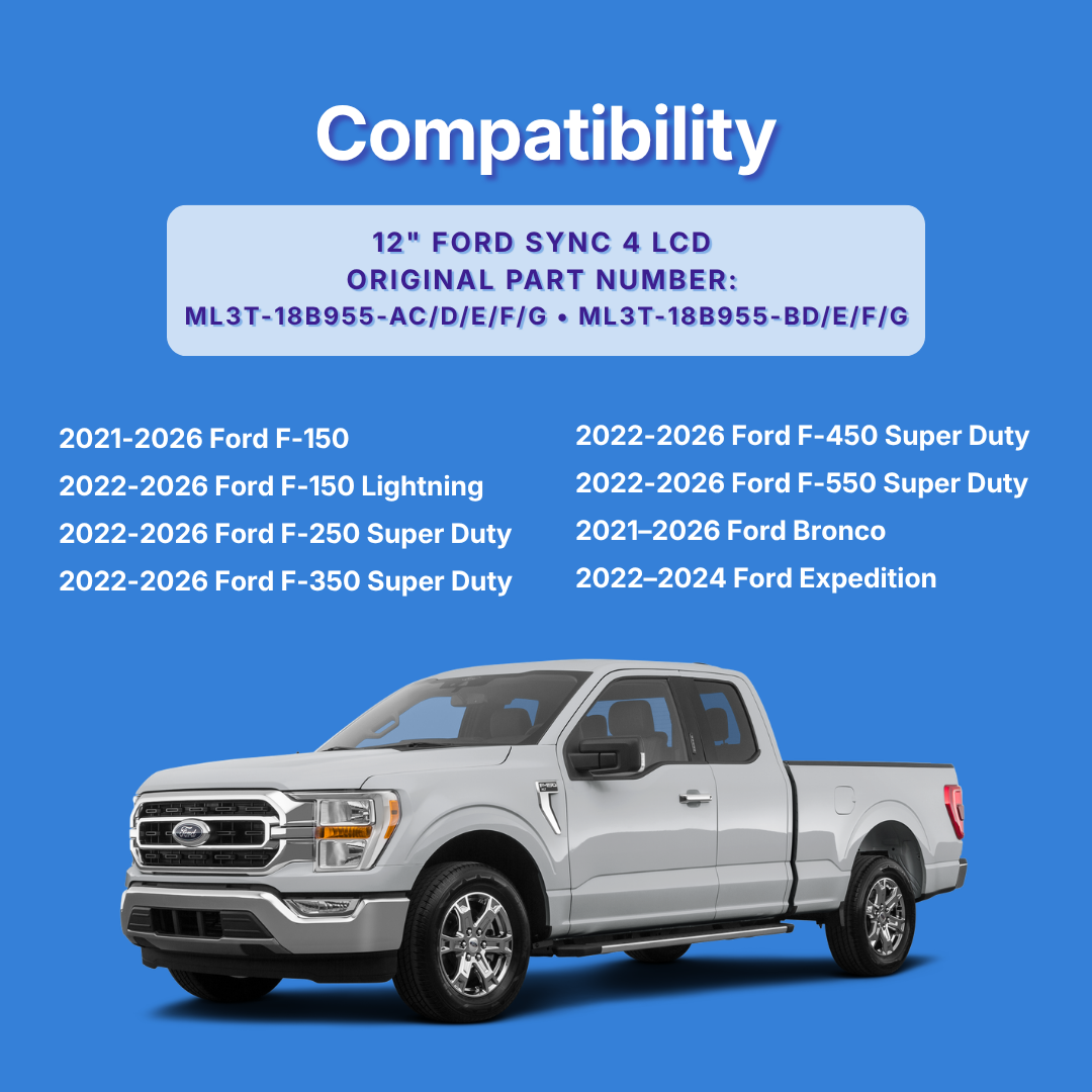 White Ford truck on a blue background with compatibility information for a 12 inch Ford SYNC 4 LCD