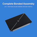 12-inch screen assembly on a blue background with text about complete bonded assembly.