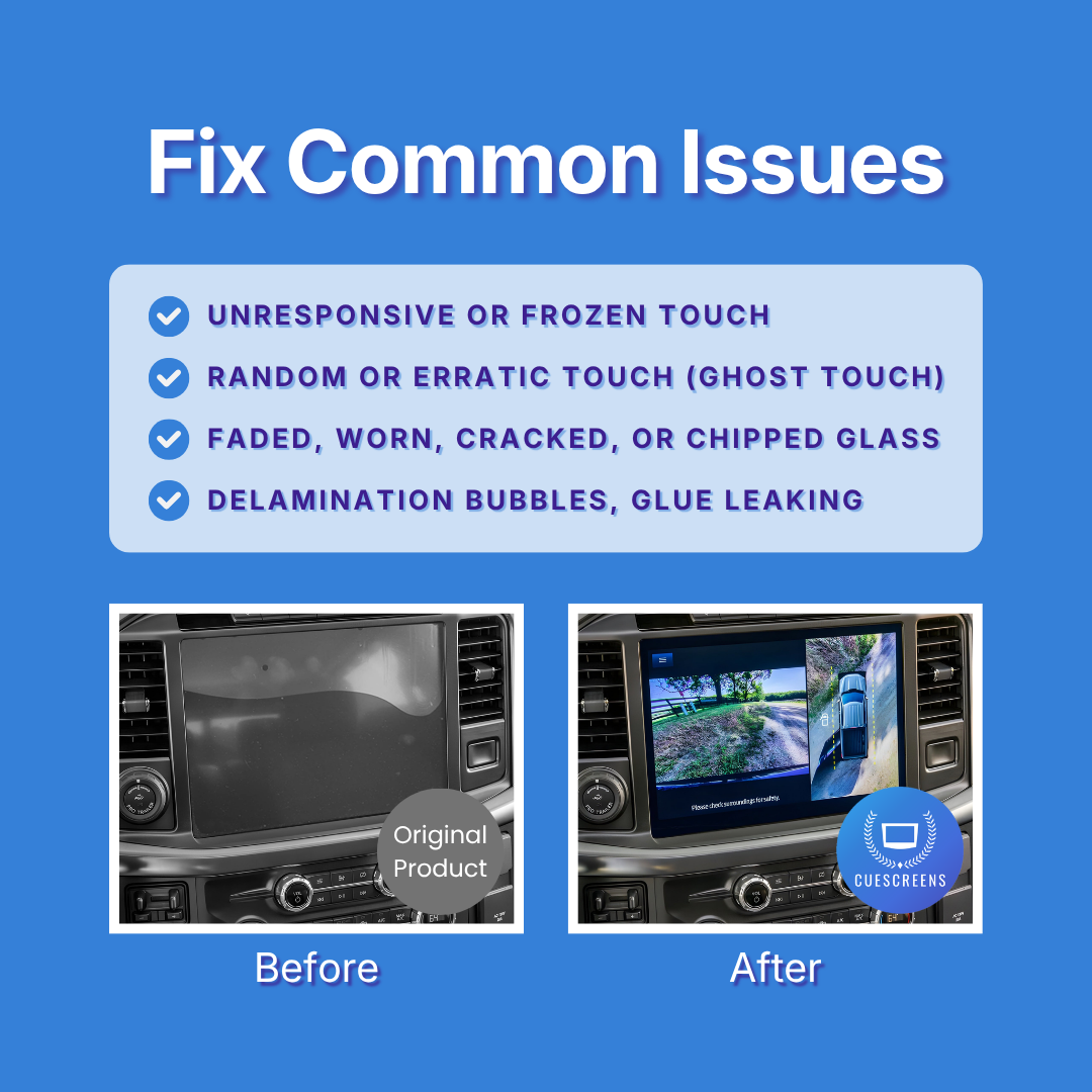 Before and after comparison of a car's infotainment screen with text about fixing common issues on a blue background