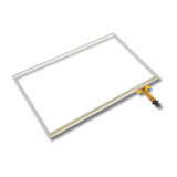 Touchscreen glass panel with connector on a white background