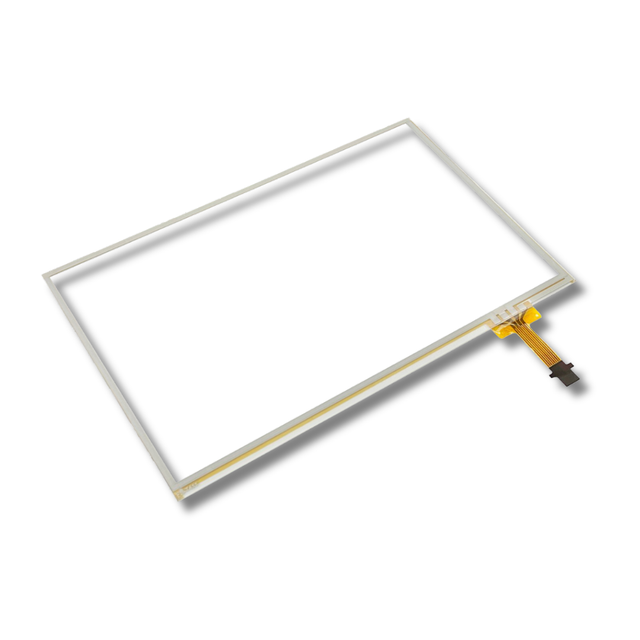 Touchscreen glass panel with connector on a white background