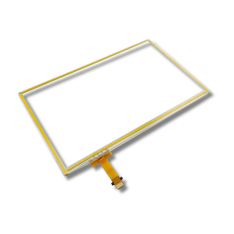 Back of touchscreen glass panel with yellow adhesive strips and a connector on a white background
