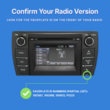 Car radio display with faceplate ID confirmation instructions on a blue background