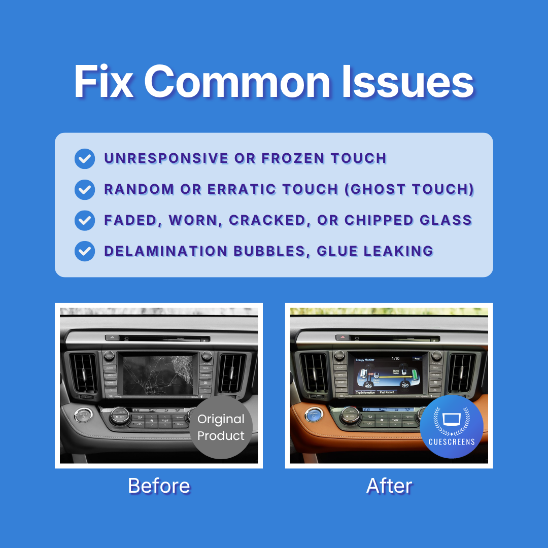Before and after comparison of a car's infotainment screen with text about common issues on a blue background