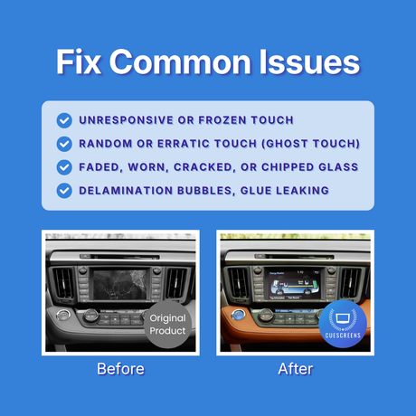 Before and after comparison of a car's infotainment screen with text about common issues on a blue background