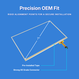 Touchscreen display with text about precision OEM fit on a blue background