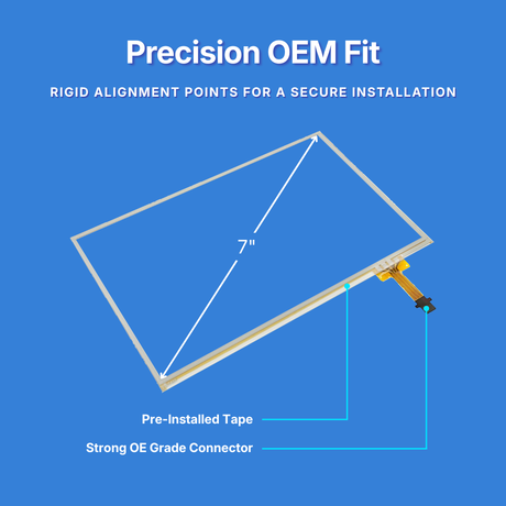 Touchscreen display with text about precision OEM fit on a blue background