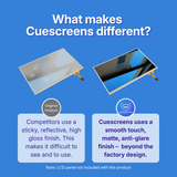 Comparison of original product and Cuescreens on a blue background with text explaining differences