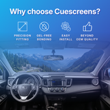 Car dashboard with a touchscreen display and text highlighting Cuescreens' features on a blue background