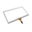 Touchscreen glass panel with connector on a white background