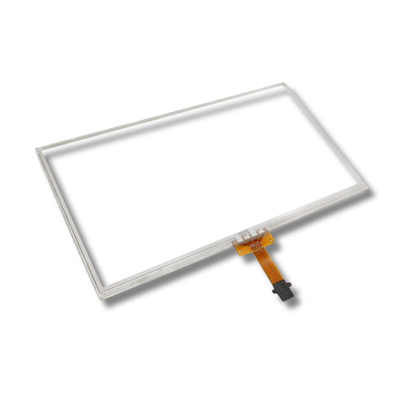 Touchscreen glass panel with connector on a white background