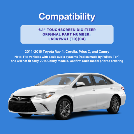 White Toyota car on a blue background with compatibility information text