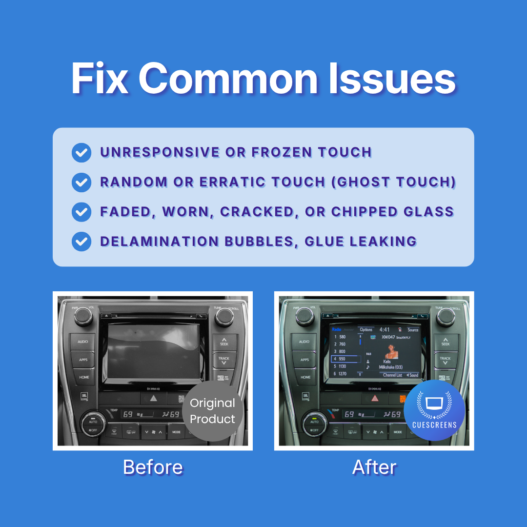 Before and after comparison of a car's infotainment screen with text about common issues on a blue background
