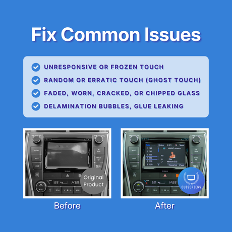 Before and after comparison of a car's infotainment screen with text about common issues on a blue background